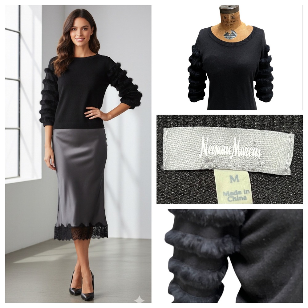 Neiman Marcus Knit Top Rabbit Fur Trim Black Silk Blend Coguette Glam Size M M